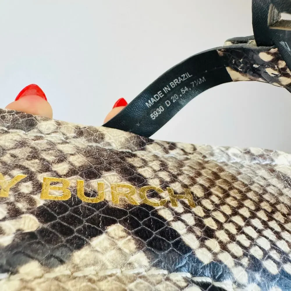 TORY BURCH Beige Black Roccia Snakeskin Leather Miller $258 Slides Sandals 7.5